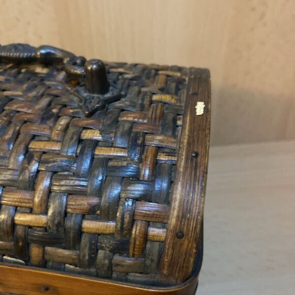 Wooden Woven Bamboo Hinged Lock Jewelry Keepsake Box Home Decor - Picture 2 of 10